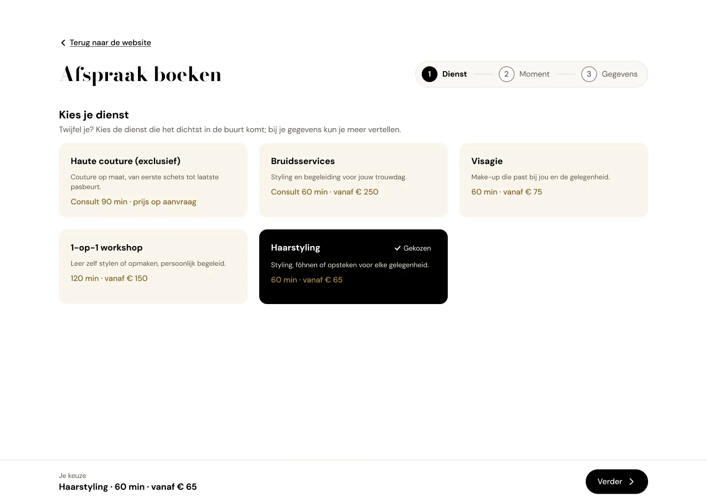 Booking step 1: Choose a service (the screen is in Dutch)