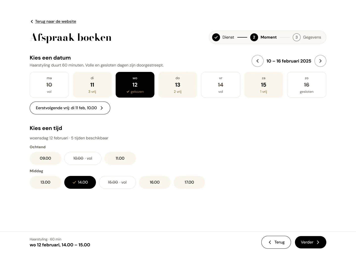 Booking step 2: Pick a date and time (the screen is in Dutch)