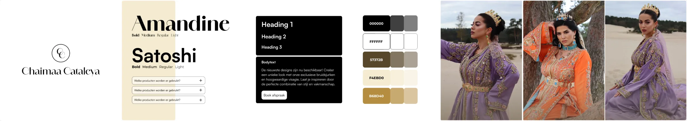 Stylescape with the CC logo, the typefaces Amandine and Satoshi, the colour palette and photos