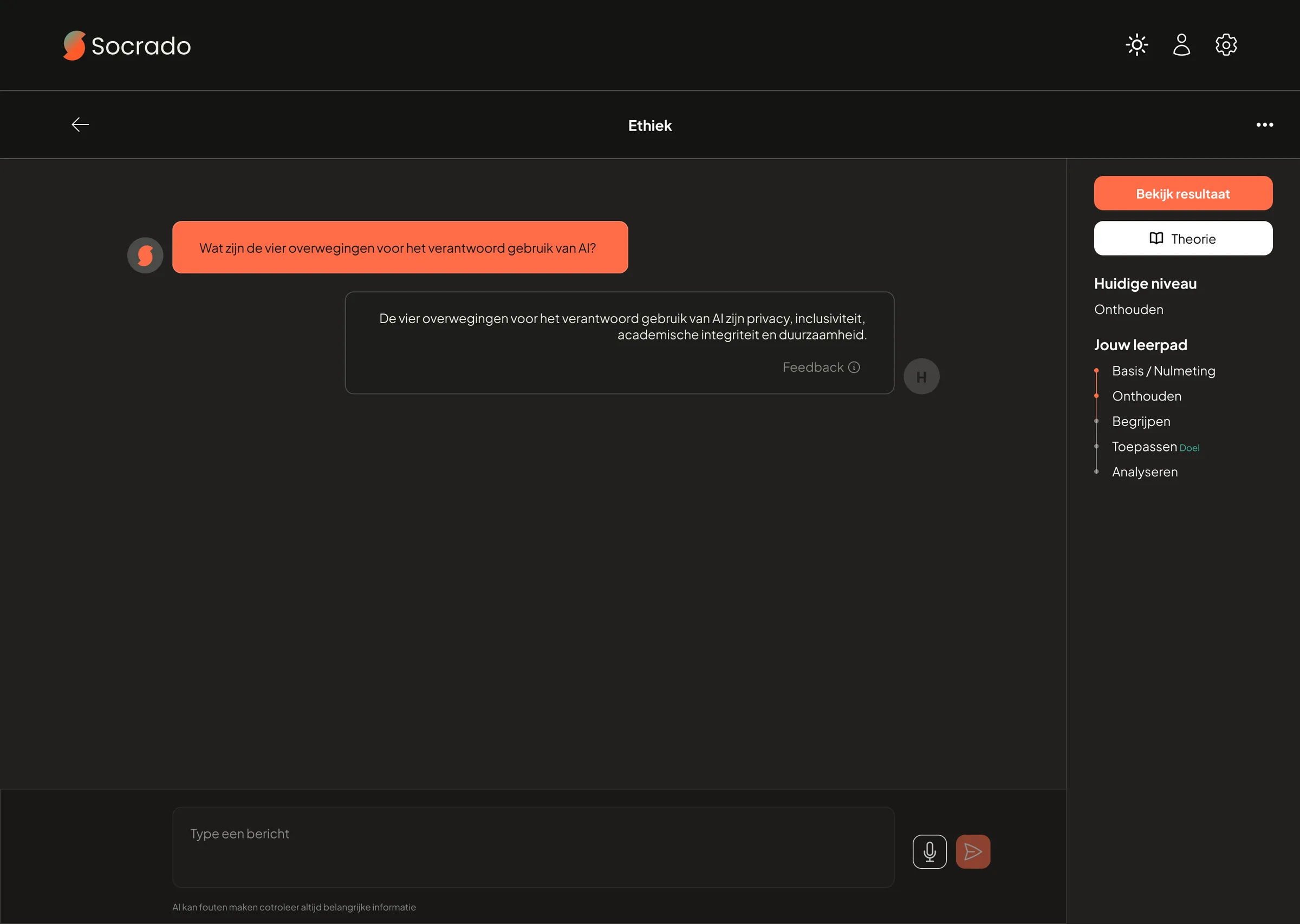 Socrado chat, version 1: a side panel with the current level and the learning path, and a small icon next to every message