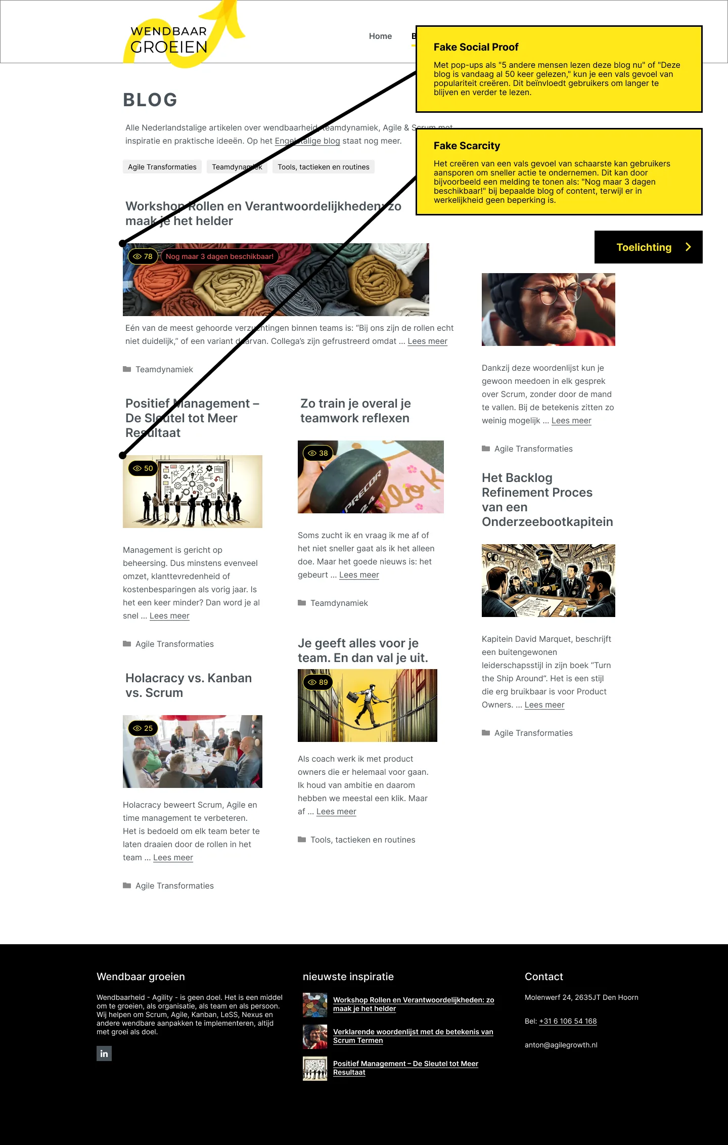 Blog overview in our prototype with fake social proof and scarcity, and our explanation in yellow