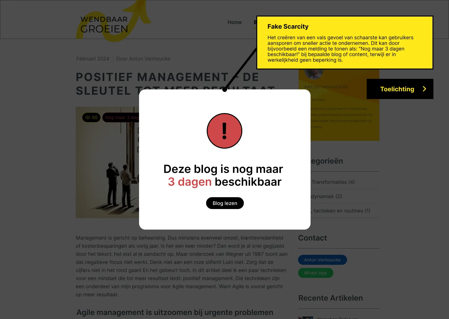 Pop-up in our prototype with a fake deadline: this blog is only available for 3 more days