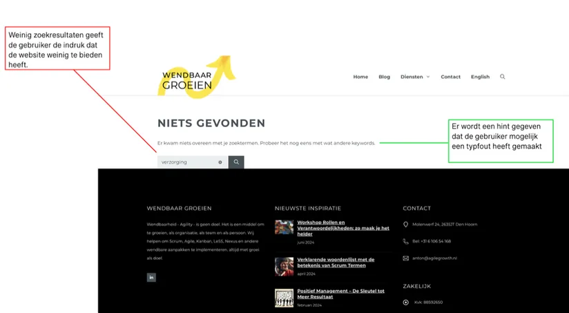 Search results page that says nothing was found after a typo, with our notes